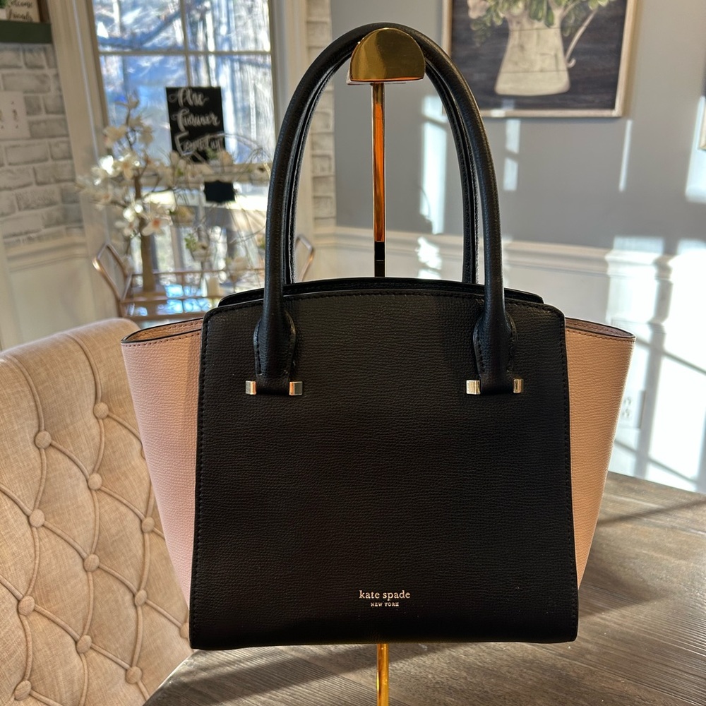 Kate Spade New York Sydney black and blush pink leather medium satchel.